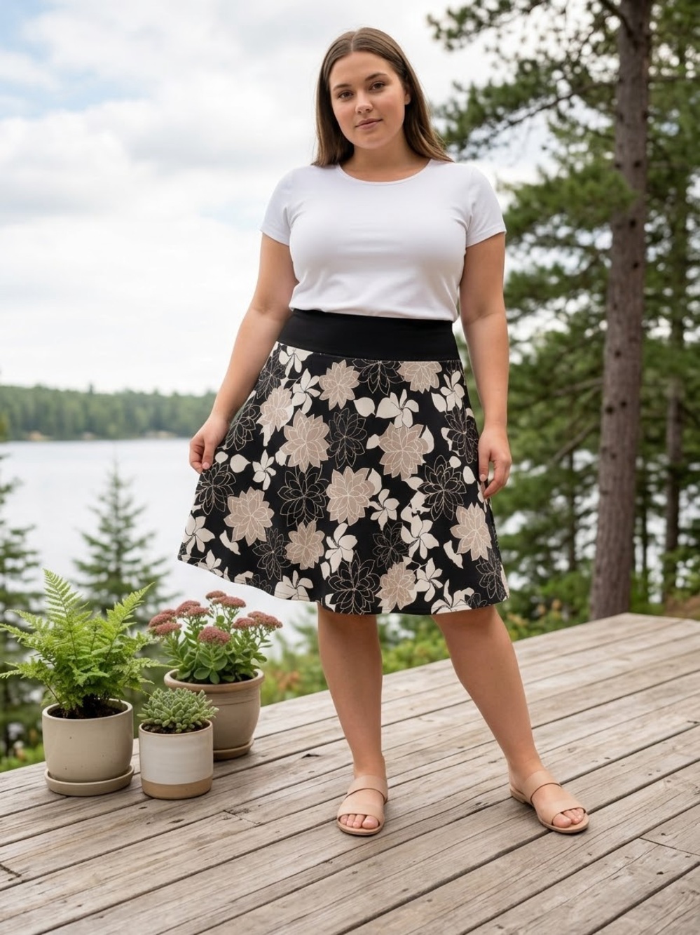 VAMP Floral A-Line Skirt Size Large Black Tan Beige Knit Elastic Waist Size L